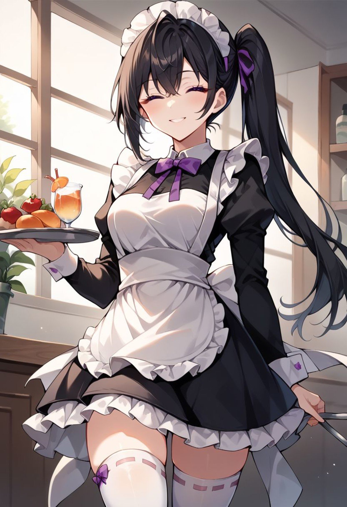 score_9, score_8_up, score_7_up, score_6_up, score_5_up, score_4_up,  yuki suou, black hair, long hair, purple eyes, 1girl, solo, thighhighs, closed eyes, apron, maid headdress, tray, skirt, side ponytail, smile, bow, maid, frills, frilled thighhighs