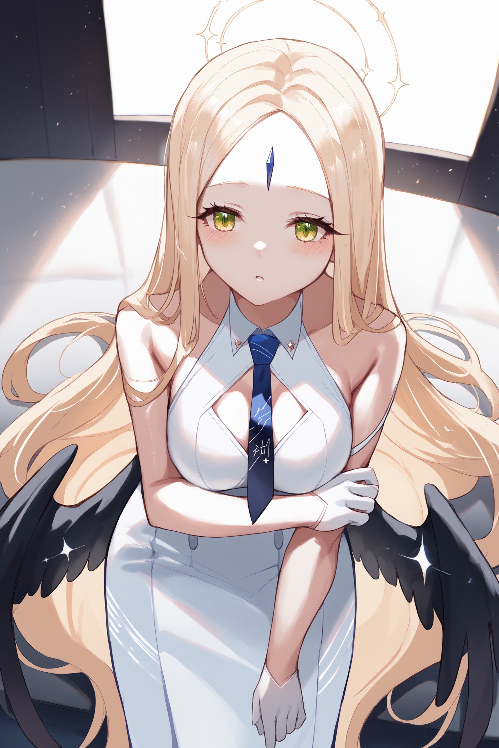 score_9, score_8_up, score_7_up, , rating_general,1girl ,aymsd, halo, low wings, forehead jewel, blue necktie, formal white dress, cleavage cutout, aiguillette, white half gloves, silver high heels,  dynamic angle, source_anime, indoors,   <lora:AyumuPDCAME BA:1>, facing viewer, <lora:QiandaiyiyuPDCAME Style:1>, qdysa123, splash art