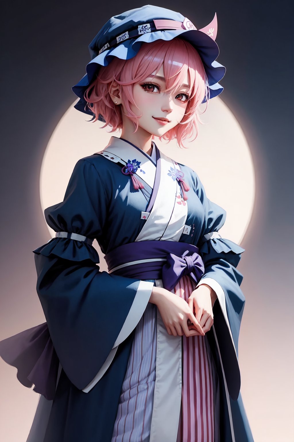 saigyouji_yuyuko,1girl,solo,mob_cap,triangular_headpiece,long_sleeves,blue_headwear,blue_kimono,wide_sleeves,blush,looking_at_viewer,smile<lora:saigyouji_yuyuko:1>,simple background,white backgroundmasterpiece,best quality, highly detailed, 