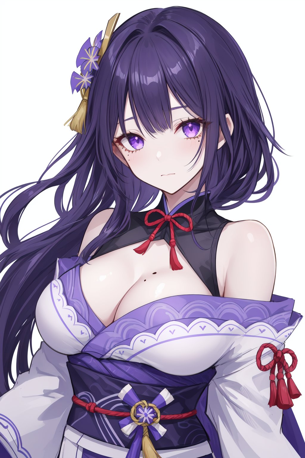 1girl, breasts, solo, raiden shogun, purple eyes, cleavage, japanese clothes, large breasts, mole, mole under eye, hair ornament, purple hair, kimono, long hair, looking at viewer, bangs, closed mouth, tassel, simple background, sash, purple flower, ribbon, obi, obiage, obijime, grey background, po style, s6xryc3, add9evlo65x, sfd6de8tv, sd6cepo5s, sf6ce9w8hd, sd69eogd, 5wsd6gics