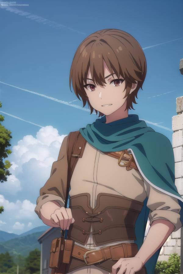 keyaru, <lora:keyaru s1-lora-nochekaiser:1>,keyaru, short hair, (brown eyes:1.5), brown hair, male focus, smile, grin,BREAK cape, armor,BREAK outdoors, forest, nature, grass, trees, sun, sky, clouds,BREAK looking at viewer, (cowboy shot:1.5),BREAK <lyco:GoodHands-beta2:1>, (masterpiece:1.2), best quality, high resolution, unity 8k wallpaper, (illustration:0.8), (beautiful detailed eyes:1.6), extremely detailed face, perfect lighting, extremely detailed CG, (perfect hands, perfect anatomy),