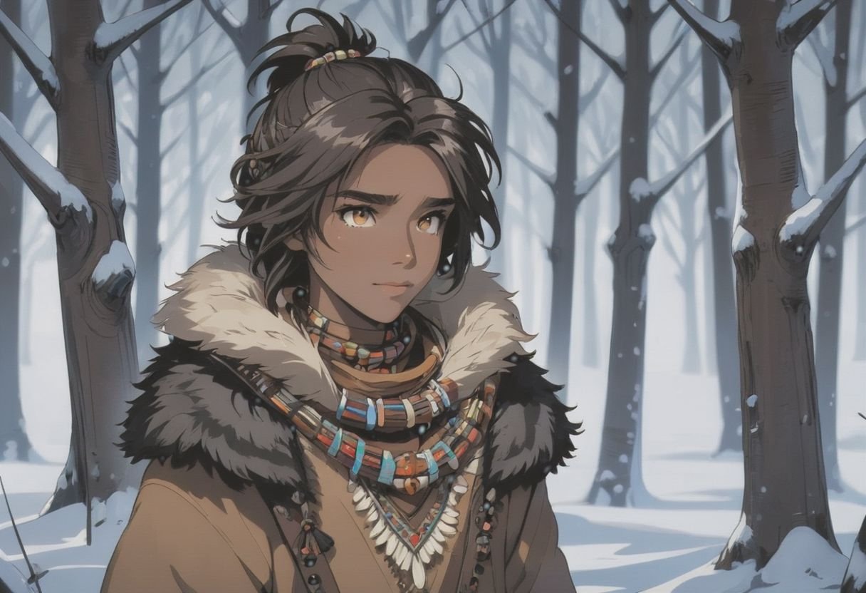 beautiful black haired tribe, prehistoric, ice age, very long messy hair, beautiful detailed deep brown eyes, brown skin, tan skin, cute and beautiful faces, relaxed smile, man, animal fur clothes, tassels on the hem, brown deerskin boots, brown string bracelet, brown string necklace with beads, holding spear, full body view, colorful, (masterpiece:1.2), (best quality:1.2), ultra-detailed, best shadow, detailed background, high contrast, (best illumination, an extremely delicate and beautiful), ((cinematic light)), hyper detail, dramatic light, intricate details, 8k, anime, very aesthetic, walking, in a frozen forest, (night:1.3), winter season, snow on the ground, snowing, windy, hair blowing in the wind, sycamore tree forest