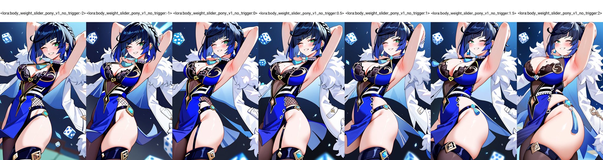 score_9,score_8_up,score_7_up,1girl,looking at viewer,blush,smile,short hair,bangs,large breasts,black hair,thighhighs,gloves,dress,cleavage,bare shoulders,jewelry,green eyes,blue hair,jacket,pantyhose,thighs,multicolored hair,earrings,one eye closed,sleeveless,armpits,mole,grin,arms up,two-tone hair,fur trim,clothing cutout,blue dress,cleavage cutout,bob cut,white jacket,tassel,arms behind head,pelvic curtain,mole on breast,jacket on shoulders,vision (genshin impact),fur-trimmed jacket,neck ring,dice,diagonal bangs,yelan (genshin impact) <lora:body_weight_slider_pony_v1_no_trigger:-2>