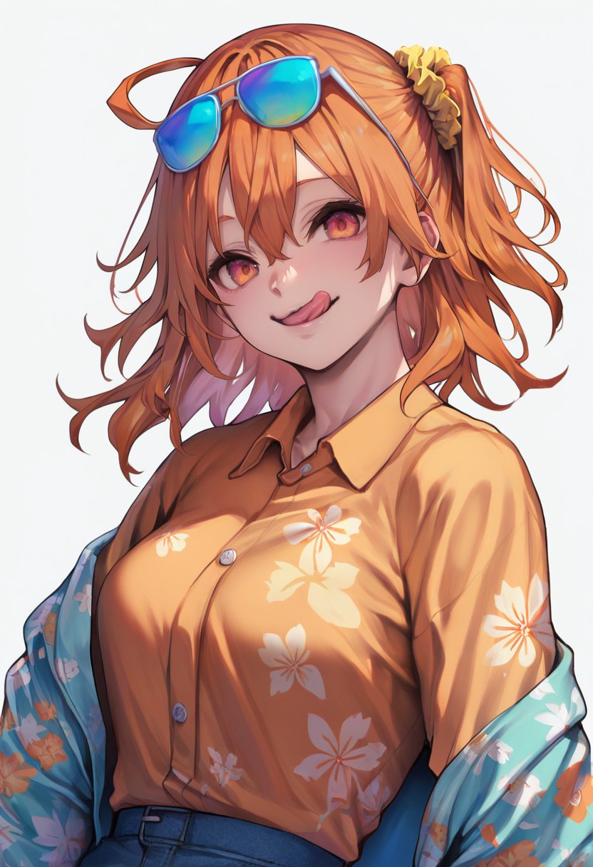 score_9, score_8_up, score_7_up, score_6_up,  <lora:michikingV2XL_P6_lokr_V2234:0.95> 1girl, fujimaru ritsuka \(female\), tongue, tongue out, orange hair, solo, eyewear on head, scrunchie, shirt, hair scrunchie, official alternate costume, ahoge, hawaiian shirt, :q, hair ornament, one side up, sunglasses, white background, orange eyes, orange shirt, hair between eyes, simple background, smile, licking lips, bangs, yellow scrunchie, floral print, portrait, multicolored eyes