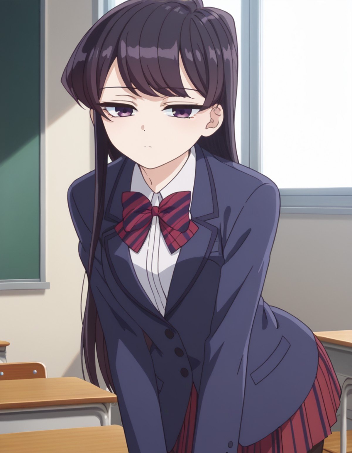 score_9, score_8_up, score_7_up, source_anime,shoukokomi, <lora:shouko-komi-s1s2-ponyxl-lora-nochekaiser:1>,shouko komi, long hair, bangs, black hair, purple eyes, expressionless, half-closed eyes,skirt, shirt, long sleeves, bow, school uniform, jacket, white shirt, pantyhose, pleated skirt, striped, collared shirt, bowtie, red skirt, blazer, blue jacket, striped bow, striped bowtie,indoors, classroom, bent over,looking at viewer, cowboy shot, dutch angle, solo,