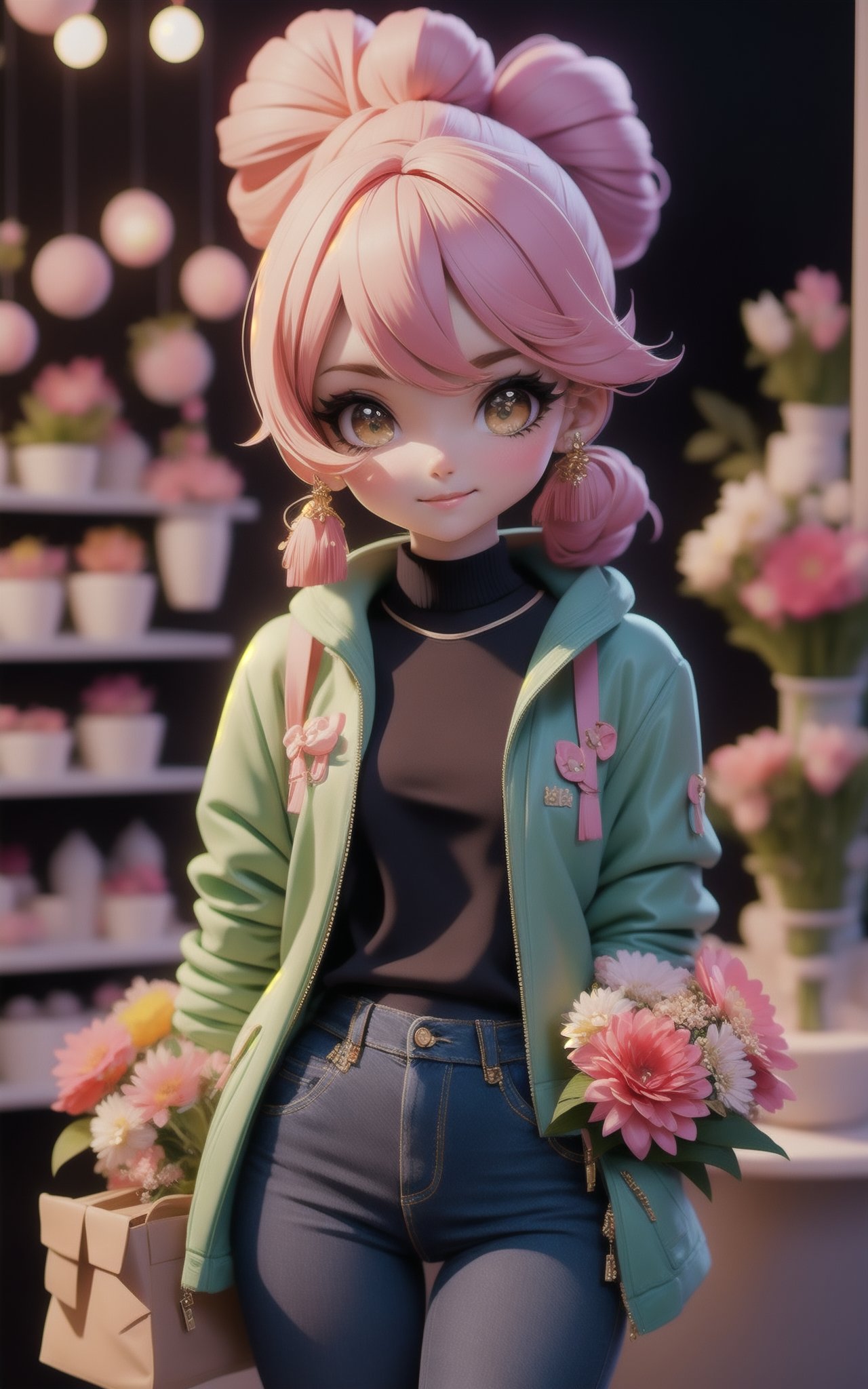 1girl,Long Bubble Ponytail Hairstyle,A chic, contemporary florist shop, filled with a variety of fresh flowers and a warm, inviting atmosphere,Fringe jacket and skinny jeans,Shy facial expression,dynamic attitude,