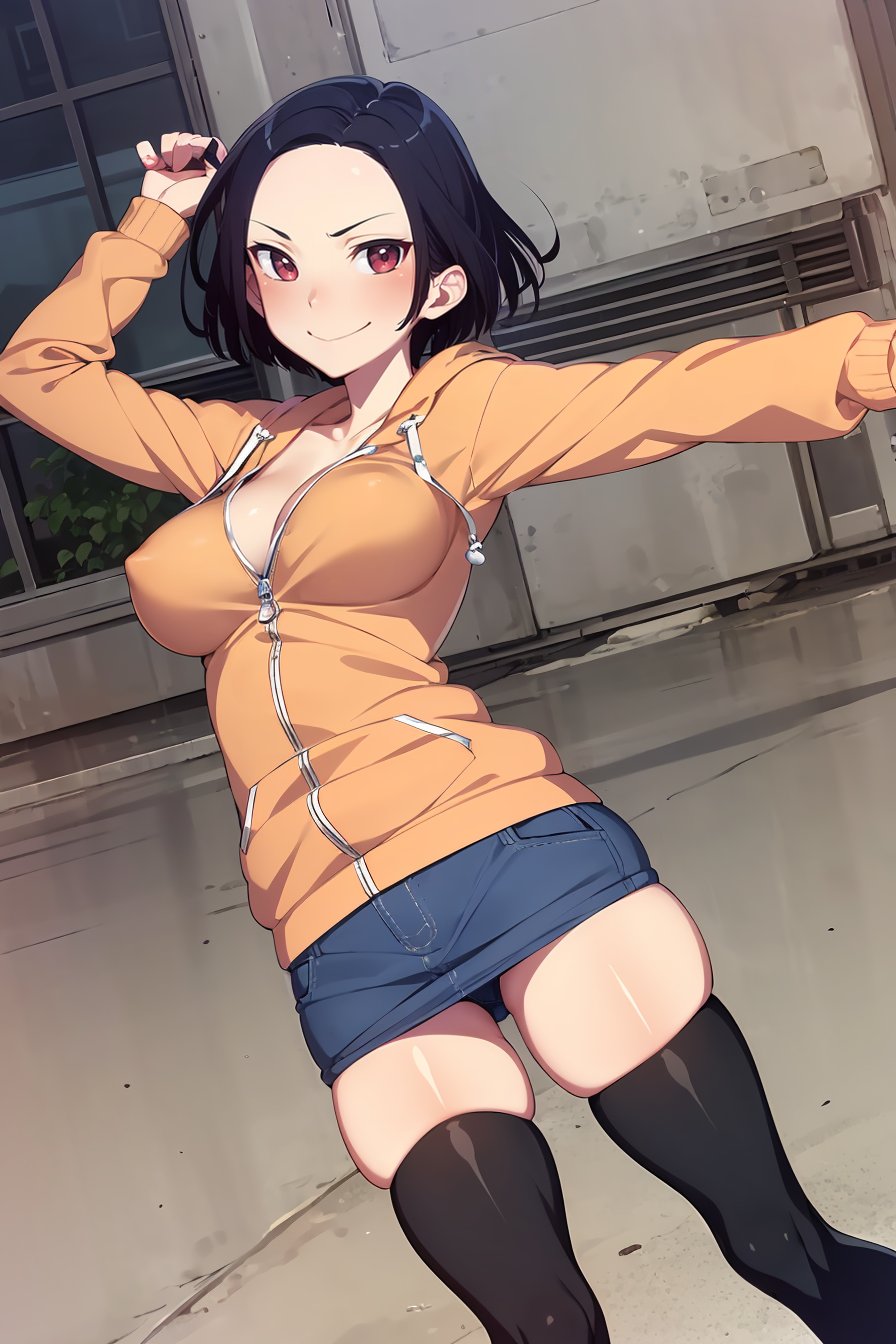 (masterpiece, best quality), 1girl, (solo), looking at viewer,light smile, closed mouth,<lora:AngryExGF (Stopman)-offset:1>, Angry-Ex-GF, red eyes, breasts, forehead,orange hoodie, denim skirt, miniskirt, black thighhighs, black undershirt,spread arms