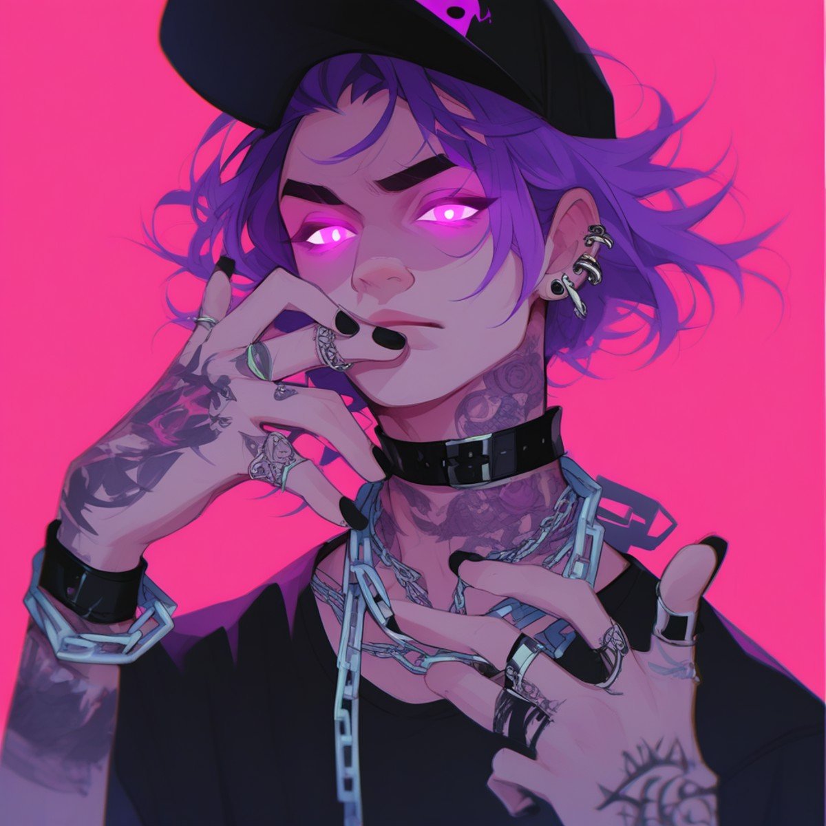 did vaporwave style, jewelry, solo, 1boy, male focus, chain, ring, hat, tattoo, earrings, piercing, black nails, shirt, chain necklace, glowing, pink background, short hair, ear piercing, looking at viewer, upper body, glowing eyes, choker, bracelet, simple background, necklace, multiple rings, pink eyes, black shirt, purple hair, black headwear, arm tattoo, score_9, score_8_up, score_7_up, score_6_up, score_5_up, score_4_up