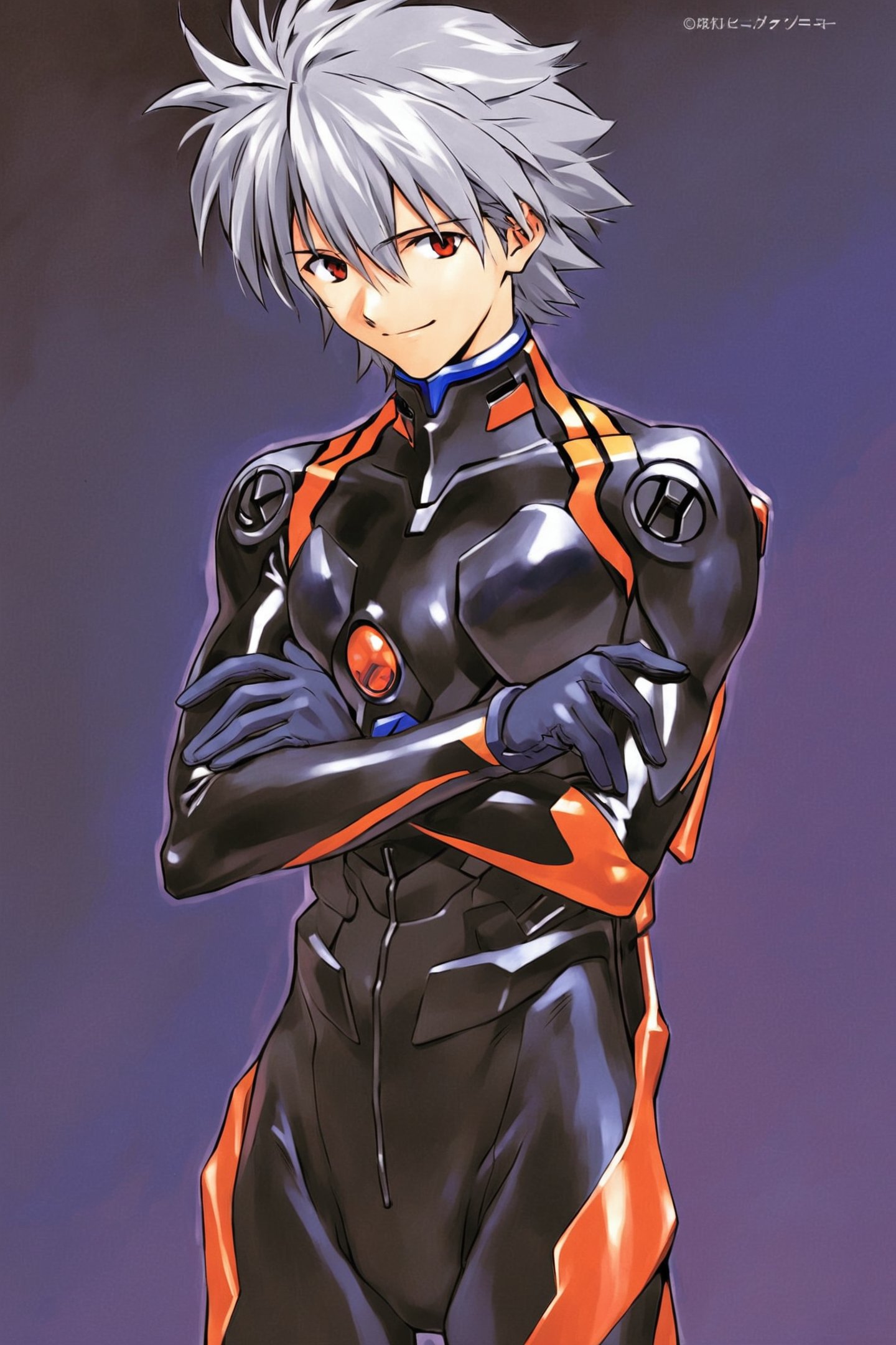 nagisa kaworu,plugsuit,male focus,1boy,red eyes,solo,smile,bodysuit,grey hair,interface headset,looking at viewer,ikari shinji,pilot suit,crossed arms,<lora:Sadamoto Yoshiyuki_XL_kohaku:0.8>,