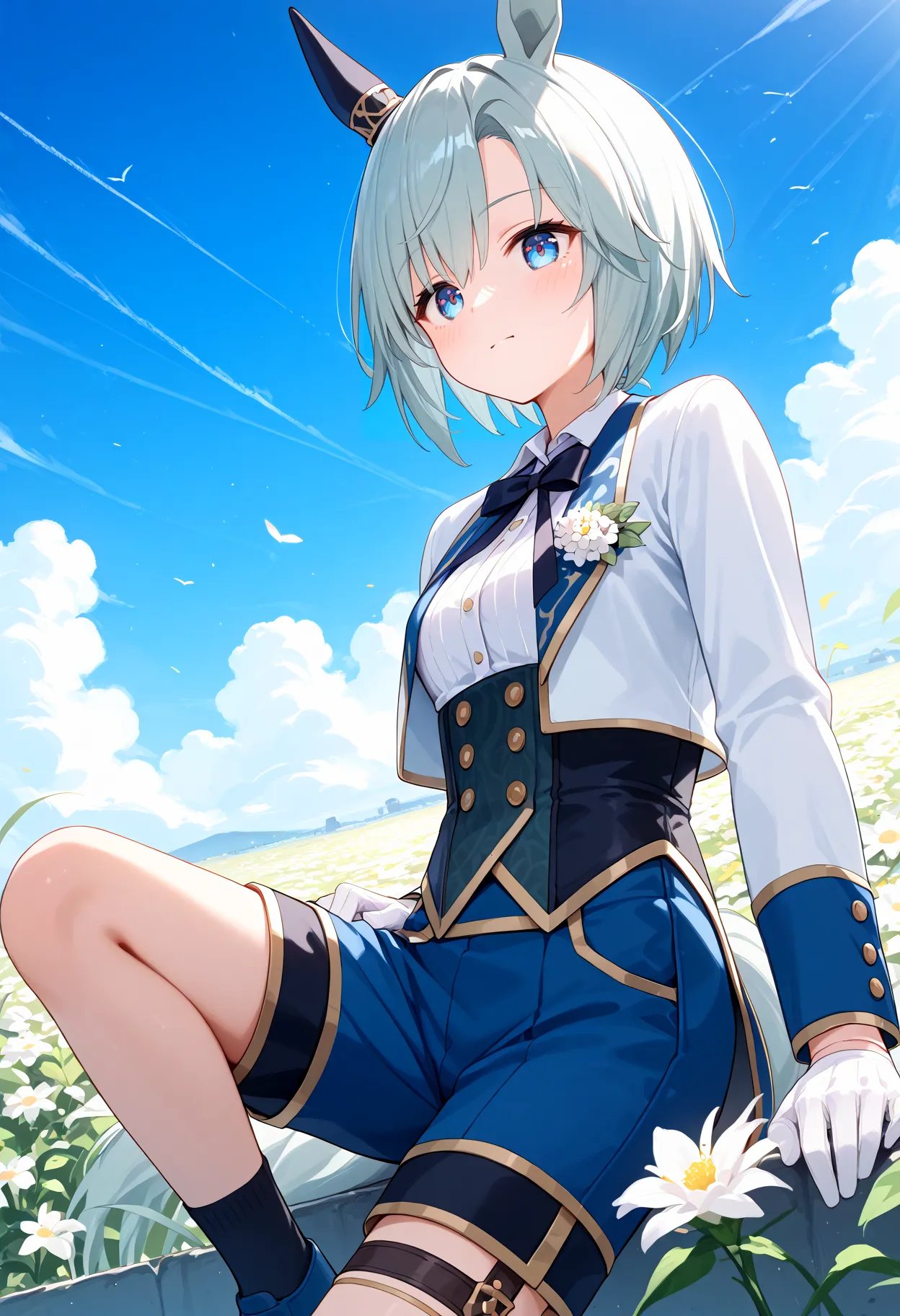 score_9, score_8_up, score_7_up, BREAK, best quality, masterpiece, very aesthetic, ultra detailed,very detailed background,BREAK,,zPDXL3,Seiun_Sky,SS_Dance, short hair, bangs, blue eyes, long sleeves,  white shirt, blue footwear, official alternate costume, black shorts,  horse ears, horse tail,black socks,bow, flower, collared shirt, white gloves, corset, cropped jacketindoor,<lyco:Seiun_Sky-ponyXL_locon:1>