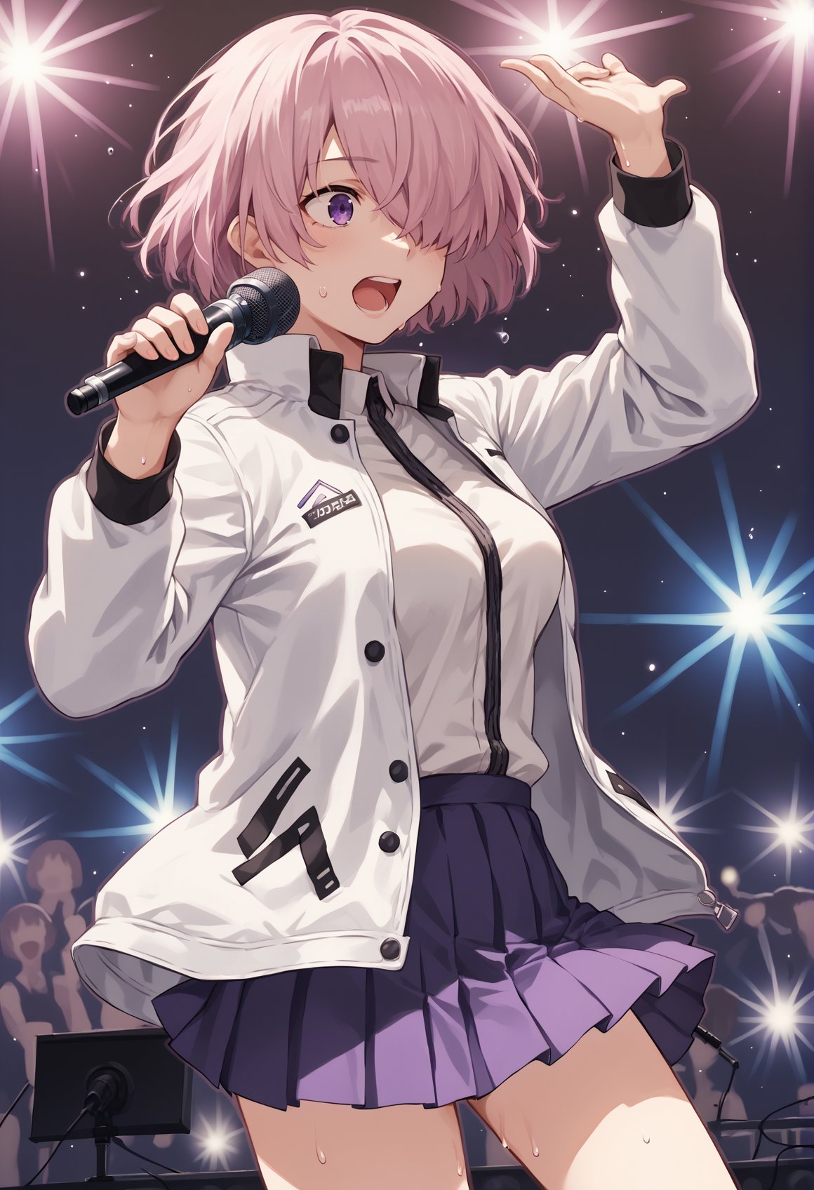 1girl, short hair, pink hair, purple eyes, hair over one eye, , medium breasts, idol, stage, stage lights, microphone, singing, sweat, pleated skirt, white jacket, outdoors, concert, glowstick <lora:Mashu:1>, score_9, score_8_up, score_7_up, score_6_up, score_5_up, score_4_up, BREAK source_anime, masterpiece