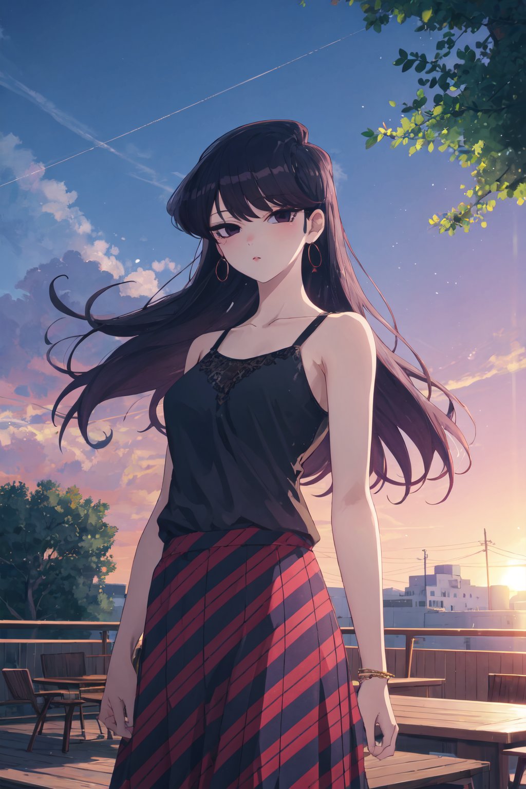 <lora:Shouko-000010:0.8>,Shouko CYQL,1girl,solo,looking at viewer,long hair,black hair,black eyes,(Silk_cami_top:1.5),(Flowy_maxi_skirt:1.4),(Statement_earrings:1.3),(Roof_deck_background:1.5),happy,cowboy_shot,Sunset, Vineyard, Grapes, Sky, Colors, Horizon, Serenity, Harvest,(Roses, Tulips, Daffodils, Morning dew, Soft sunlight, Birdsong:0.5),beautiful detailed sky,beautiful detailed glow,posing in front of a colorful and dynamic background,masterpiece,best quality,beautiful and aesthetic,contrapposto,female focus,wallpaper,