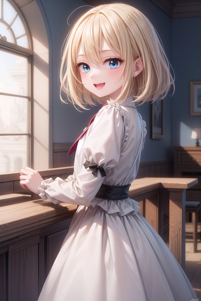 (cleavage:-1.5), insanely detailed, absurdres, ultra-highres, ultra-detailed, best quality,1girl, solo, nice hands, perfect hands,BREAKprincess, princess dress with many frills, teara on hair,happy smile, laugh, open mouth,standing, dynamic pose,from side, cowboy shot,BREAKslender, kawaii, perfect symmetrical face, ultra cute girl, ultra cute face, ultra detailed eyes, ultra detailed hair, ultra cute, ultra beautiful,BREAK(fantasy world, in castle), depth of field,medium large breasts,BREAKblonde hair, medium hair, messy hair, blue eyes, hair between eyes