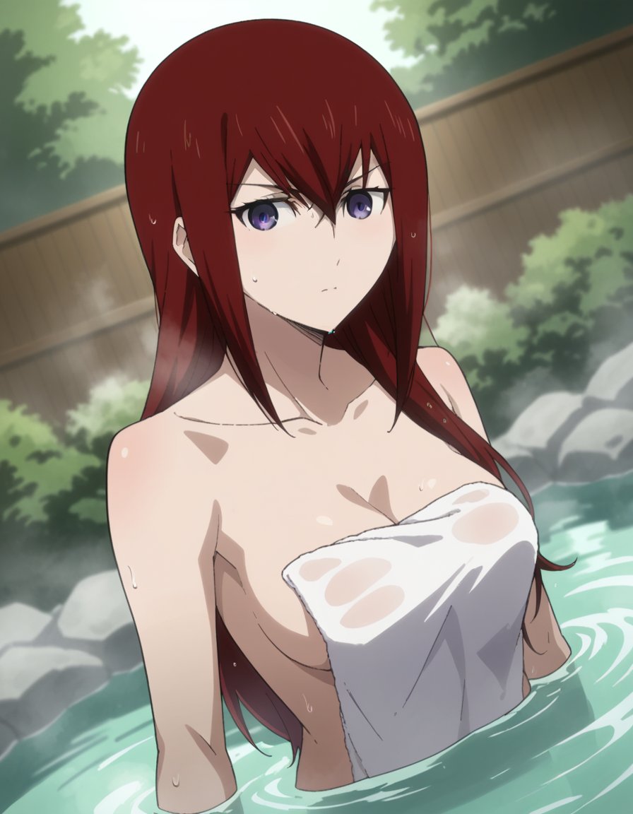 score_9, score_8_up, score_7_up, source_anime,kurisumakise, <lora:kurisu-makise-s1-ponyxl-lora-nochekaiser:1>,kurisu makise, hair between eyes, hair over shoulder, long hair, purple eyes, red hair, straight hair,nude, naked, outdoors, onsen, towel, naked towel, steam, bathing, nude cover, partially submerged, water, bath, steam censor, wet towel,looking at viewer, cowboy shot, solo, dutch angle,