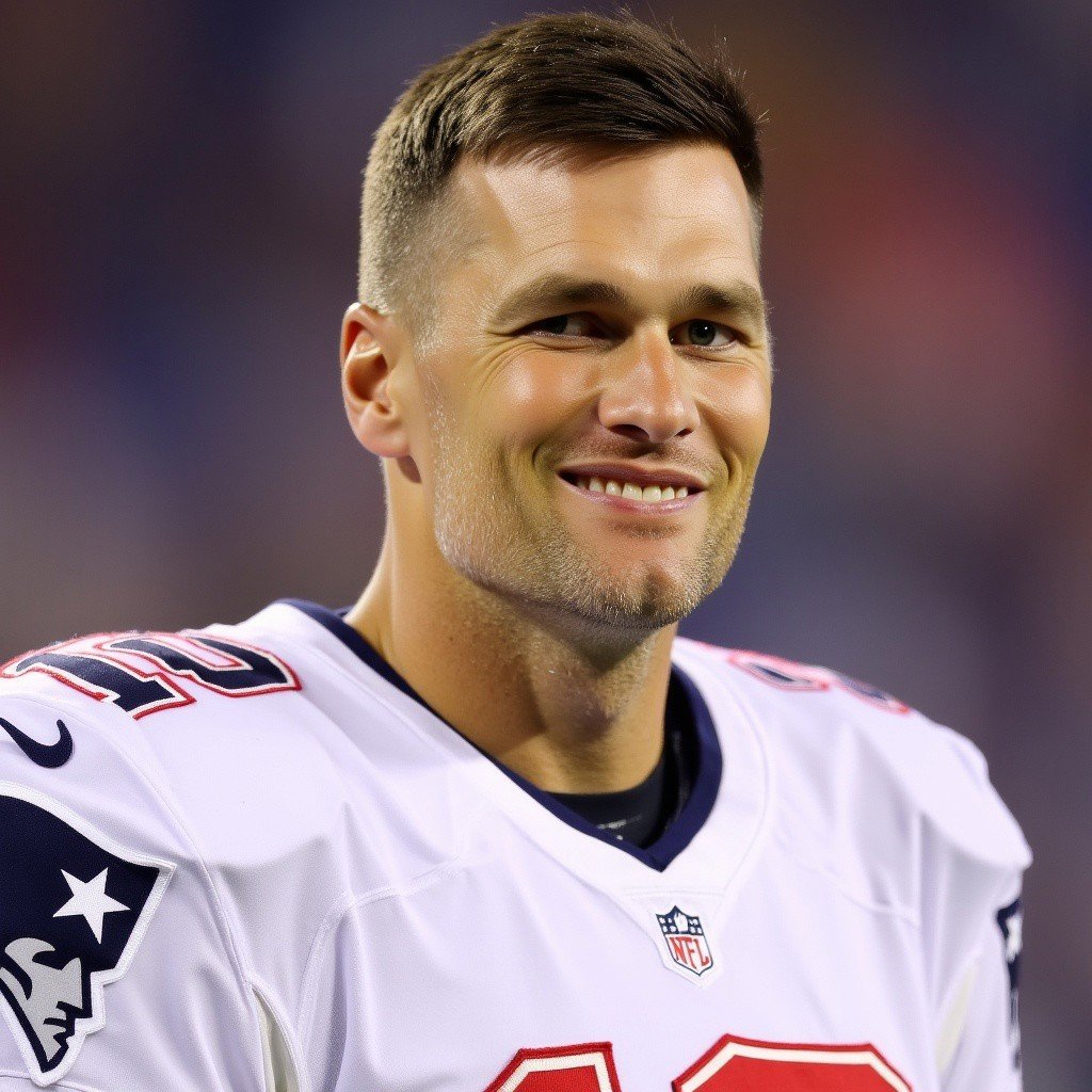 photo of Tom Brady, a man with a stubble smiles at the camera while wearing a football uniform and a helmet on his head