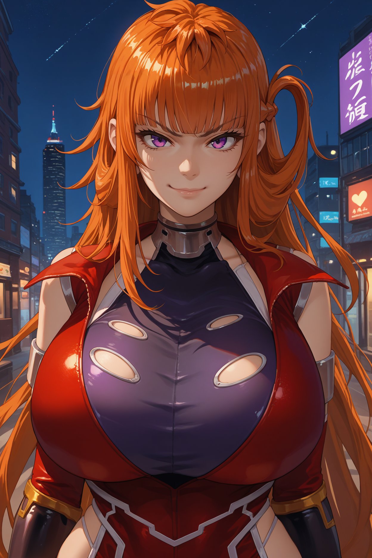 score_9, score_8_up, score_7_up, score_6_up, source_anime, 1girl, solo,  <lora:kamimuramaika-pdxl-nvwls-v1-000005:1> maika, orange hair, long hair, red and purple bodysuit, elbow gloves, huge breasts, looking at you, upper body, night, city, smirk