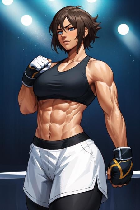 (best quality:1.2),beautiful,perfect eyes,perfect face,1girl, masterpiece, best quality, 1girl, solo, muscular female, boxing gloves, sports bra, leggings, cowboy shot, dark skin female, short hair, <lora:Sotchosis-000018:0.75>, standing in boxing ring,