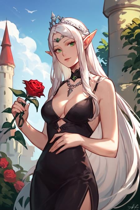 score_9, score_8_up, score_7_up, rating_safe, 1girl, solo, elf, pointy ears, breasts, long hair, very long hair, white hair, green eyes, portrait, looking at viewer, black dress, tiara, silver tiara, holding, holding flower, rose, red rose, necklace, jewelry, cowboy shot, standing, outdoors, castle <lora:Smooth Anime 2 Style SDXL_LoRA_Pony Diffusion V6 XL:0.8>