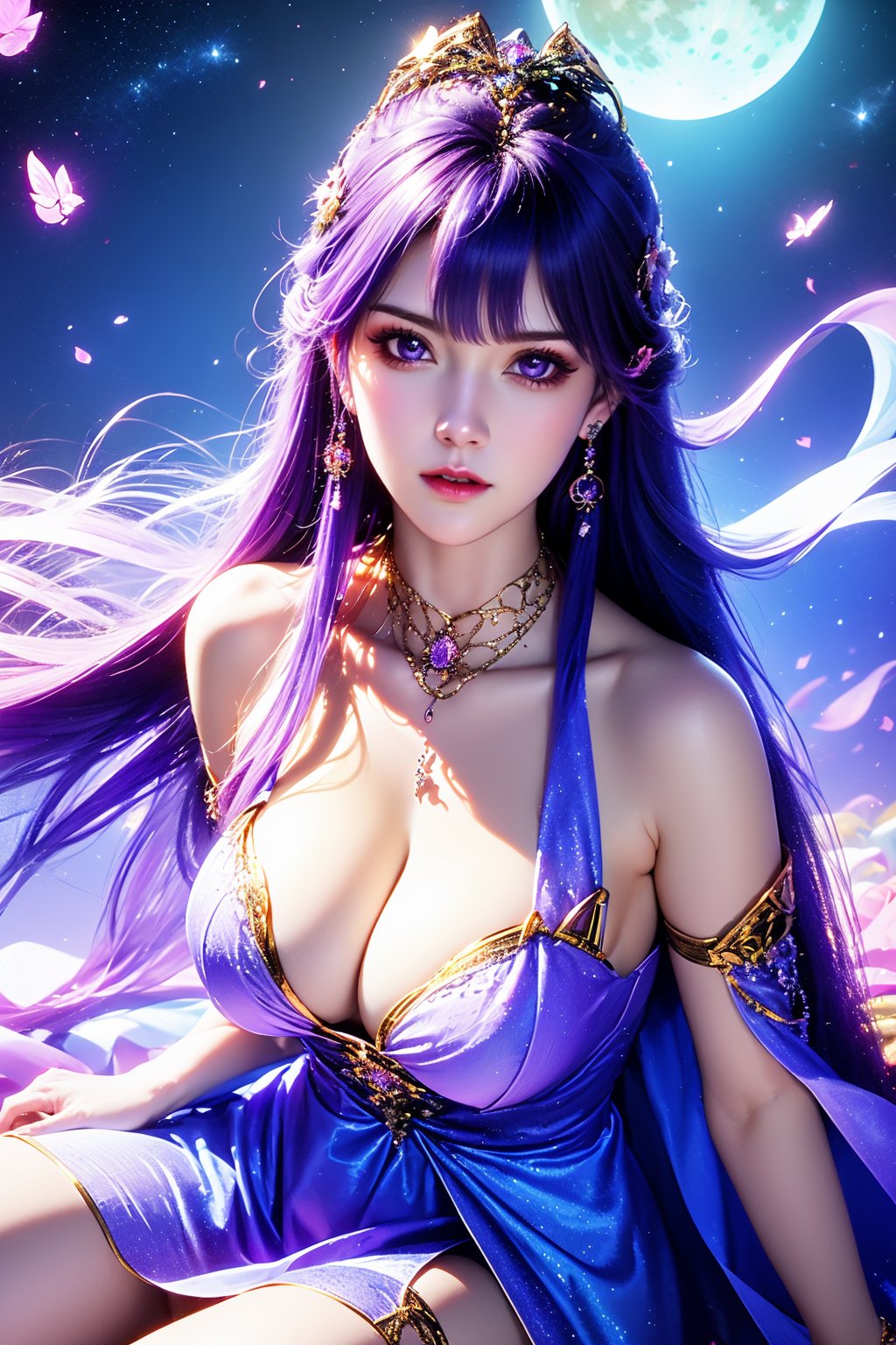 1girl, jewelry, solo, thighhighs, purple hair, moon, dress, breasts, earrings, necklace, long hair, sitting, night, purple dress, purple eyes, white thighhighs, looking at viewer, cleavage, petals, large breasts, sky, star \(sky\), night sky, full moon, flower, hair ornament, falling petals, butterfly, tiara, red lips, bug, realistic, starry sky, parted lips, bare shoulders, clothing cutout, shoulder cutout, collarbone