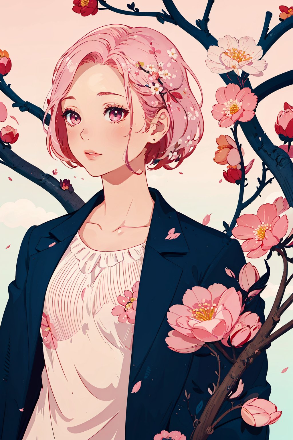 TT,flower,1girl,pink hair,pink flower,tree,ribbon,wide shot,leaf,cloud,red ribbon,gradient,cherry blossoms,gradient background,short hair,branch,