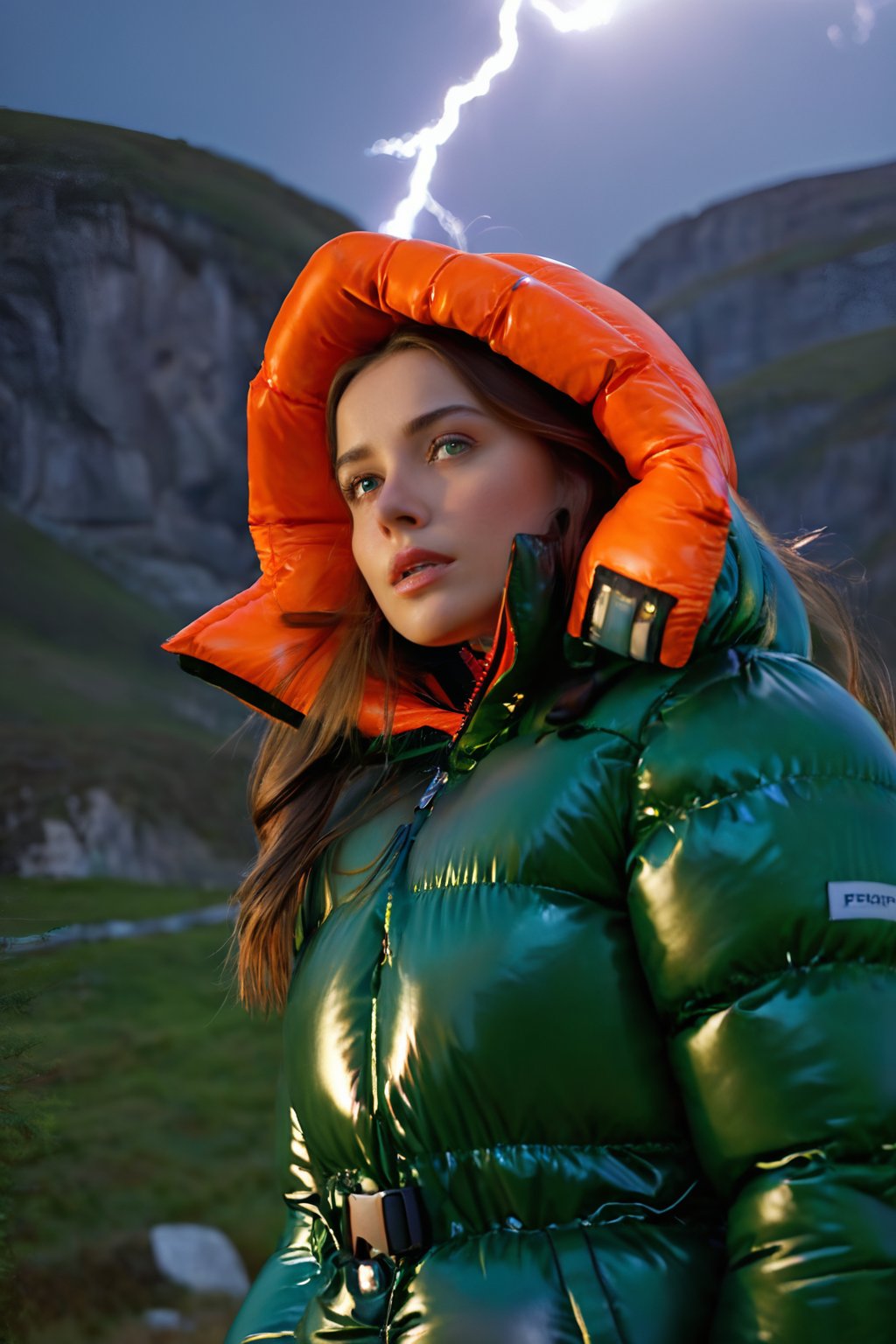 Stunning portrait of a sweet, cute, slim, long haired, young European woman. she is dressed in (shiny), colorful, completely enclosureable, (puffer down outfit:1.3) by parkasite, very high yoked. emotional, tempting, dramatic, high detail, realistic, realistic character design, inspiring, intense emotion, masterpiece, 8k, RAW photo, portrait, best quality, ultra high res, photorealistic, cinematic lightning, digital painting, storytelling, high resolution, depth of field, lens flare, <lora:Parkasite_XL:0.7>