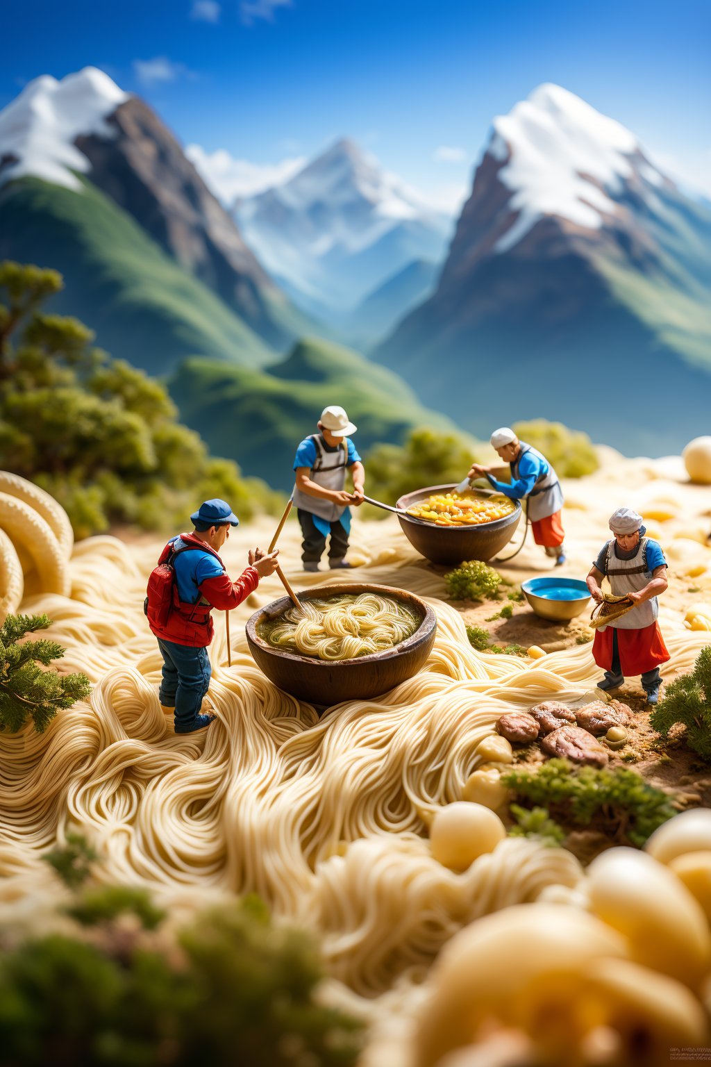 masterpiece,best quality,<lora:微缩世界-美食版:0.9>, miniature  photography,mountain,noodles,food,