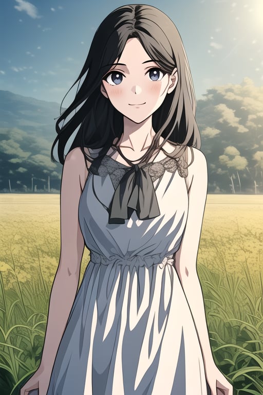 A cute girl in a dress, sunshine, fields