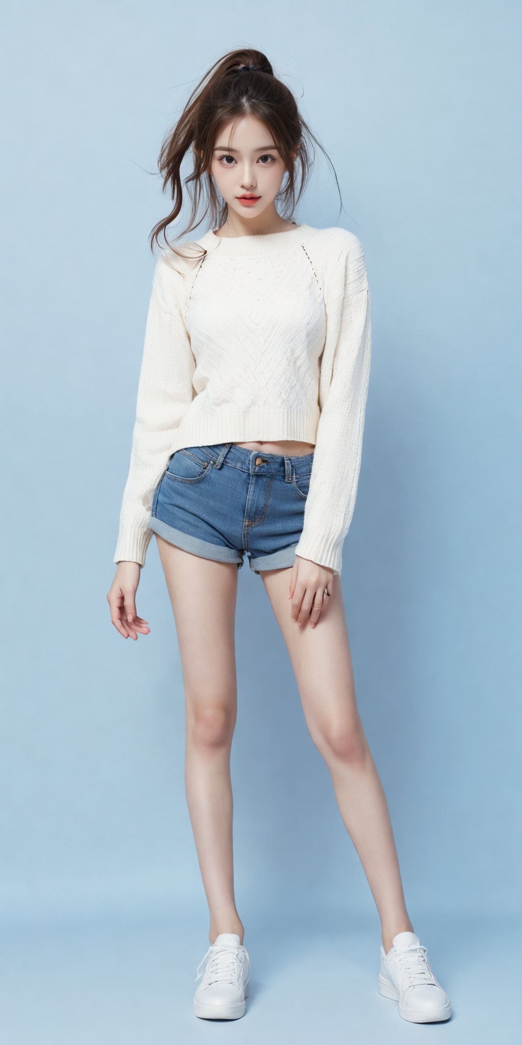 1girl,(standing:1.3),(denim_shorts:1.2),(blue background:1.3),(white sweater:1.2),white sneaker,long hair,