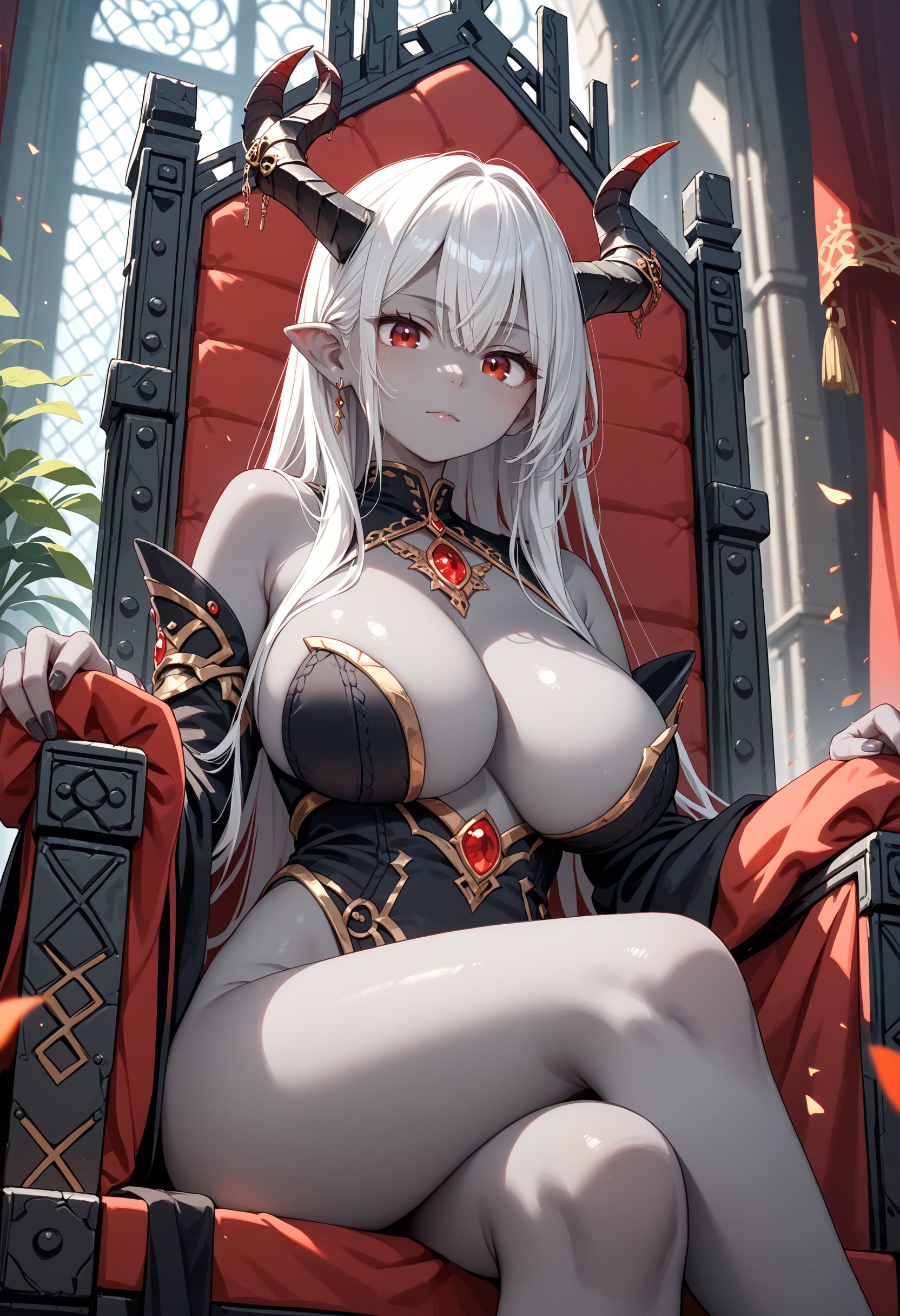 score_9, score_8_up, score_7_up, score_6_up, score_5_up, score_4_up, 1girl, large breasts, horns, grey skin, red eyes, throne, sitting, upper body