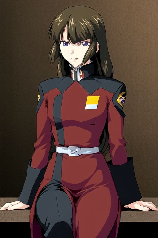 Shiho hahnenfuss, bangs , brown long tieds hair, purple eyes,long military uniform,belt,solo, sitting