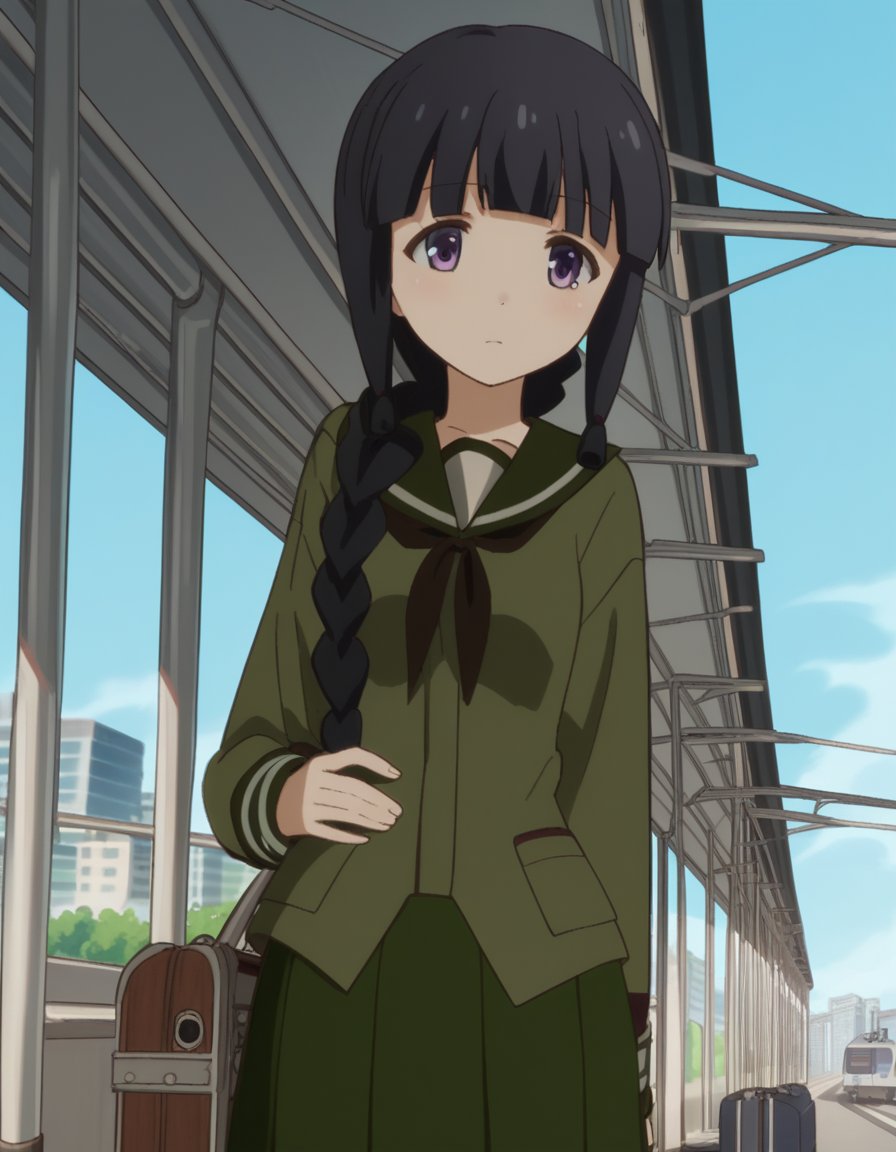 score_9, score_8_up, score_7_up, source_anime, <lora:kancolle-kitakami-s1-ponyxl-lora-nochekaiser:1>, kitakami, long hair, bangs, black hair, purple eyes, braid, blunt bangs, single braid, hair over shoulder, kitakami (kancolle), skirt, school uniform, serafuku, green skirt, pleated skirt, green shirt, green sailor collar, train station, waiting for train, suitcase, traveling, commute, city skyline, hands behind back,, , , hands on stomach, blush,, solo,, cowboy shot, dutch angle