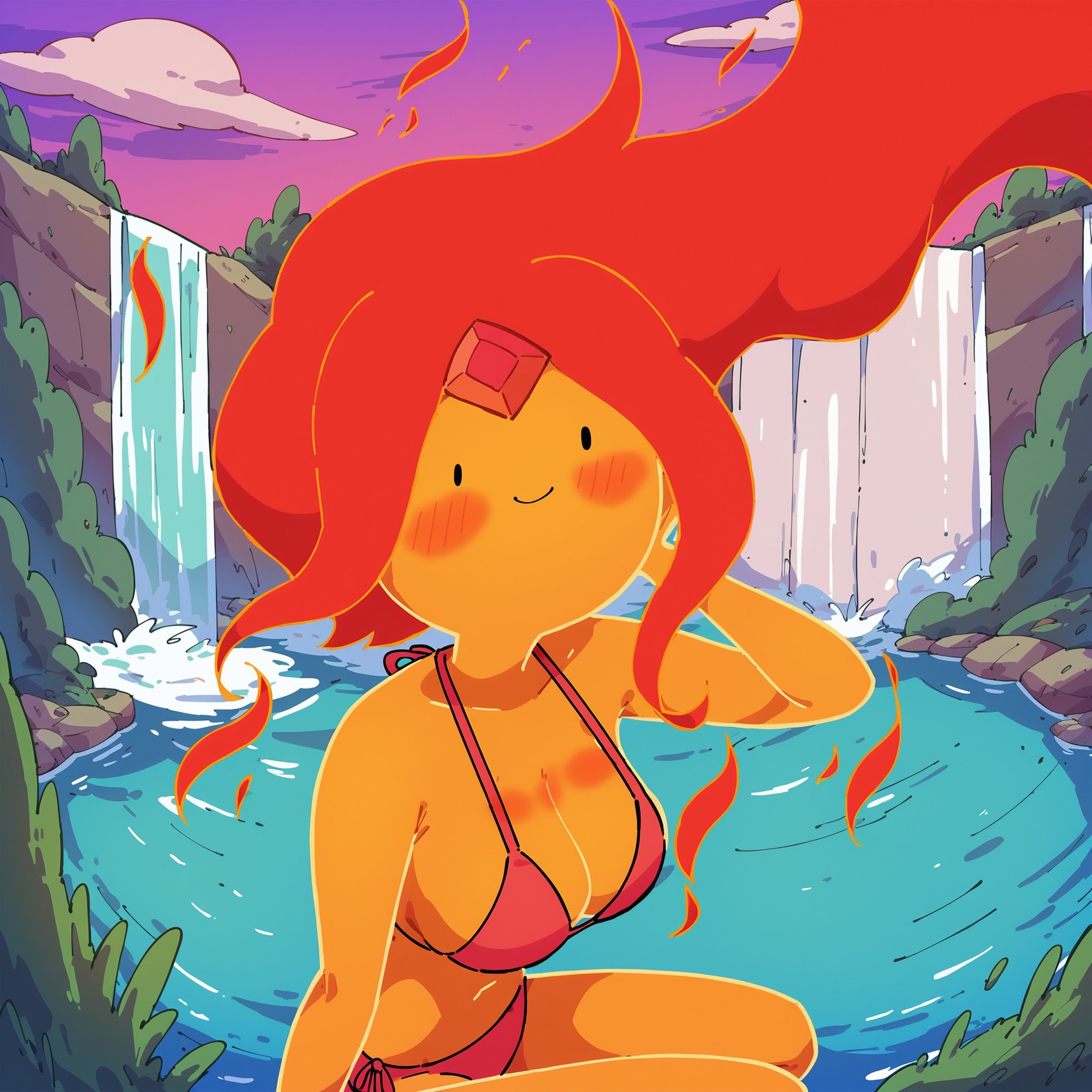 score_9, score_8_up, score_7_up,  <lora:pr1nc3ssfl4m3:1> pr1nc3ssfl4m3,1girl,princess flame,adventure time, looking at viewer, waterfall,bikini <lora:Adventure_Time_Style_LORA:1>, dot eyes, sly smile,blush