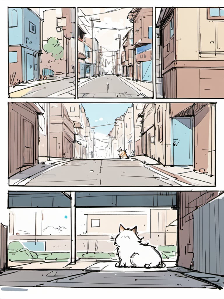 <lora:luXL毛躁手绘Fuzzylines_lora_resized:0.6>, fuzzylines, sketch, storyboard of a cute little cat finding its way home in the street, lost its way home,