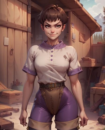 score_9,score_8_up,score_7_up,cascaxl,brown eyes,brown hair,short hair,whiteplain tunic,purple leather pants,brown underwear,brown thigh boots,belt, smirk, standing,camp,supplies,crates,outdoors,<lora:cascaXL:0.9>,mid shot,serious,