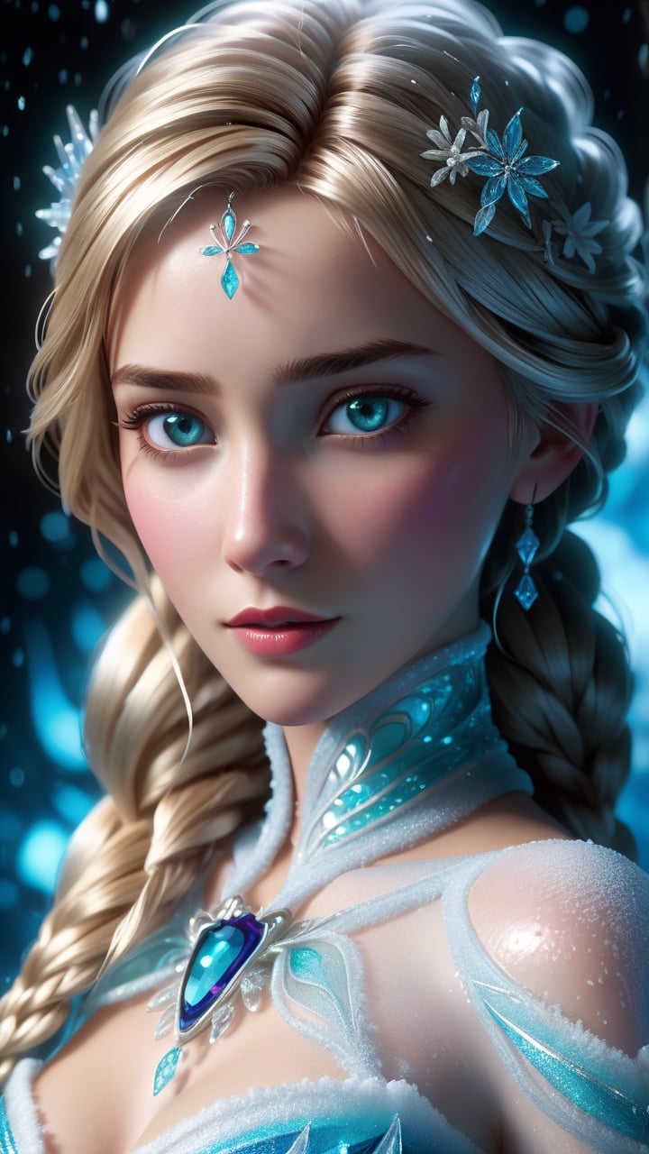 Elsa from Disney's Frozen,a burst of tangy aqua cascades,entwining with viscous allure,a figure emerges from the shadows,in a neo-expressionist masterpiece of blueberry syrup's embrace,masterpiece,best quality,(intricate details),dreamy,perfect eyes,dark pupils,magnificent,ethereal,volumetric lighting,lightroom,((cinematic)),raytracing,subsurface scattering,face focus,