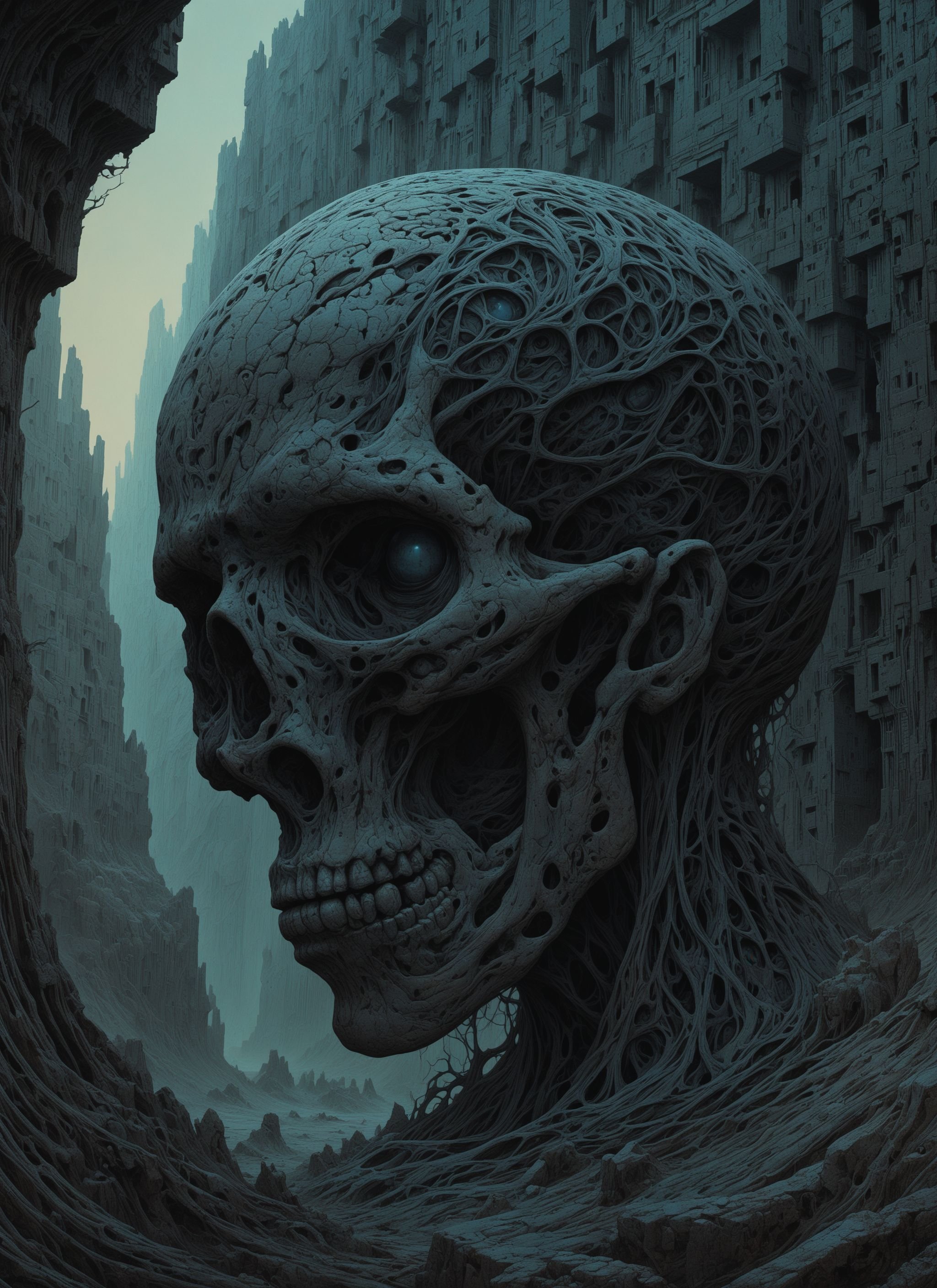 photorealistic 8k raw representation, Close-up digital view, (Detailed Anatomy by Beksinski:1.33), Centered composition, Intriguing intricacies, Distorted forms, (Twisted figures:1.3), Dan Mumford's influence evident, Complex structures, Mysterious shadows, Rich textures