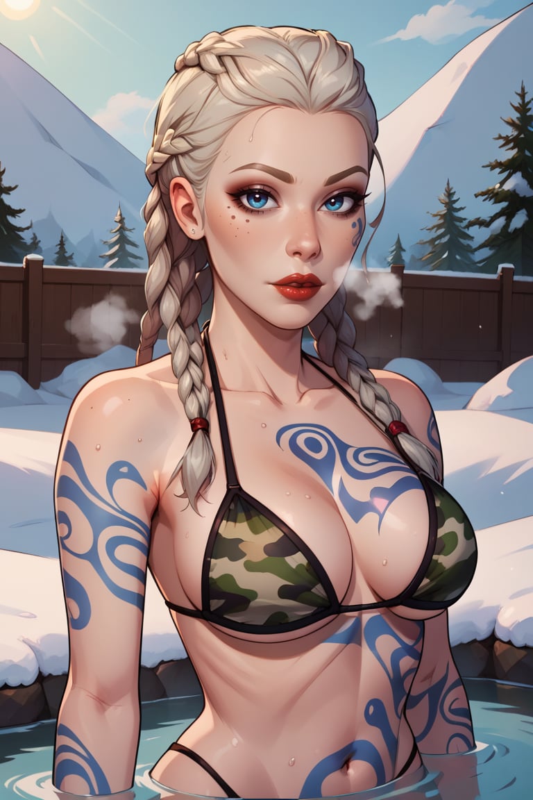 score_9, score_8_up, score_7_up, BREAK, 1girl, solo, breasts,  <lora:commandantsteele-guy-PONYv1:.9>, commandantsteele, tattoo, braids, makeup, lipstick, outdoors, pond, steam, bikini, snow, camouflage, steaming body, looking at viewer, submerged, upper body, toned, 