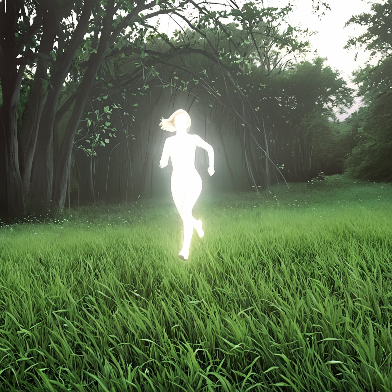 lghtshft_lora, glowing, 1female, running, empty grass field, overgrown, VHS, <lora:lightshift_lora:1.3>