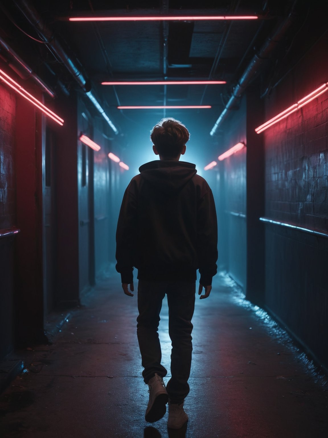 (1boy) <lora:add_detail:0.5> 19 years old boy, walking away from the viewer looking back nervously, (cinematic neon lights, dark atmosphere, dramatic lighting, low lighting), RAW, masterpiece, 16k uhd, hdr, realistic colors, realistic texture with imperfections, realistic contrast, (soft focus:0.5)