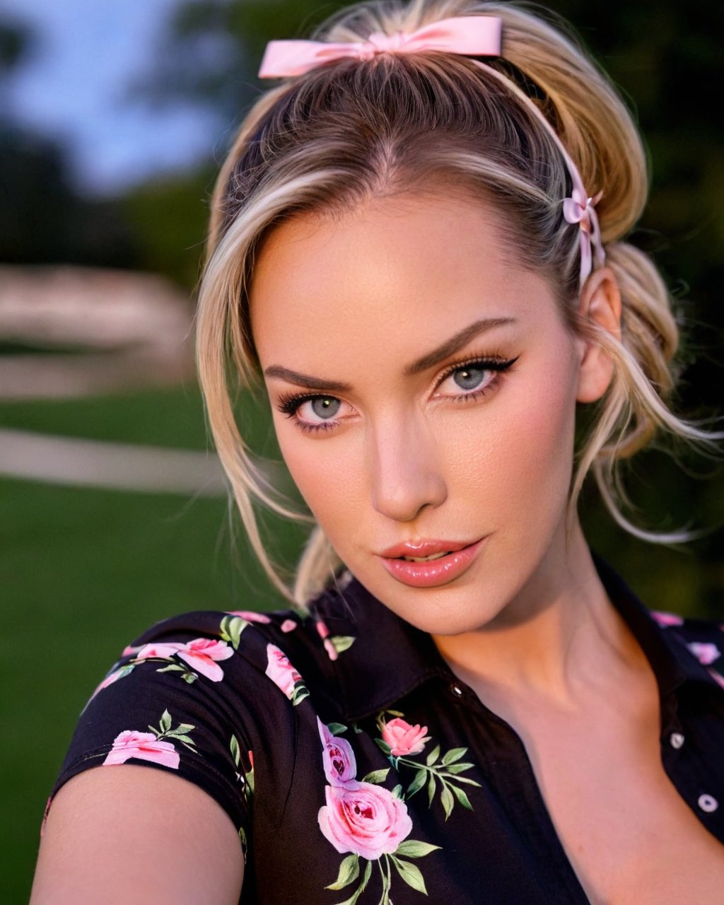 paige_spiranac,  <lora:PaigeSpiranacXL:1>,looking at viewer,  long hair, ribbon, jewelry, upper body, short sleeves, earrings, outdoors, parted lips, teeth, hair bun, black shirt, night, depth of field, blurry background, floral print, armband, pink ribbon, realistic, print shirt, photo background, ((perfect eyes, detailed eyes,realistic eyes)), ((sharp face, detailed face, realistic face, naturtal skin, realistic skin, detailed skin, pores))