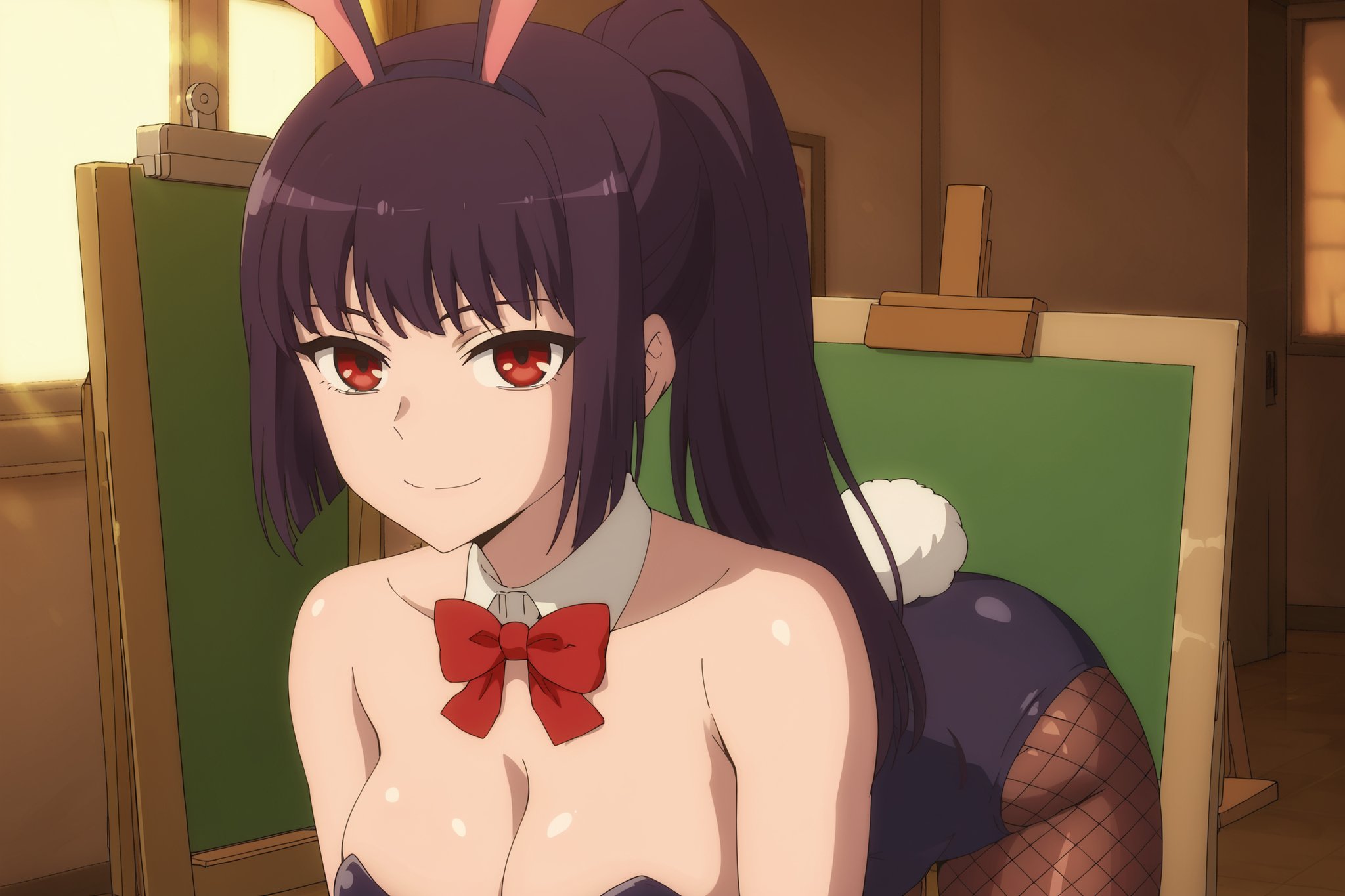 score_9, score_8_up, score_7_up, score_6_up, source_anime,anime screencap,anime coloring, uncensored, in an art club, easel,<lora:Sana_Sunomiya:.8>Black hair, purple hair, Long hair, bangs, red eyes, large breasts, collarbone, Bunny suit, rabbit ears, cleavage, detached collar, bow, fishnet pantyhose, rabbit tail, on all fours, seductive smile, looking back at the viewer, from behind, ponytail