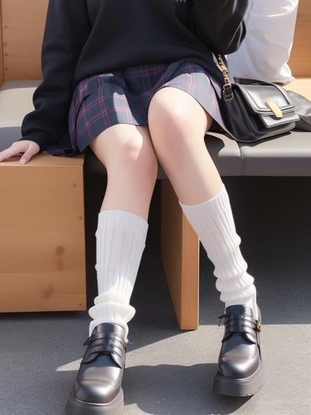 a beautiful photo of a woman sitting at the mall <lora:leg-warmers-v1:1>, knee socks, plaid skirt, (highest quality:1.1)