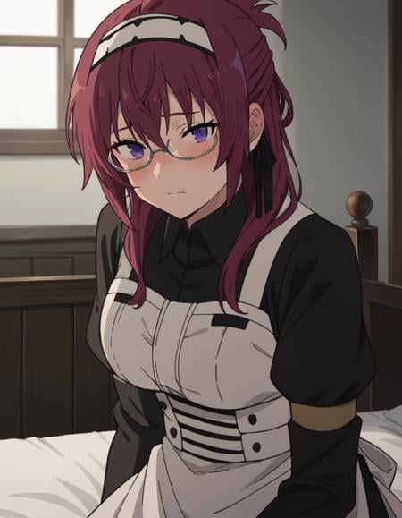 score_9, score_8_up, score_7_up, source_anime,lilyagreyrat, <lora:lilya-greyrat-s1-ponyxl-lora-nochekaiser:1>,lilya greyrat, purple eyes, red hair, glasses,long sleeves, dress, pantyhose, apron, maid, maid headdress, maid apron,indoors, bed, bed room, on side, blush, drunk,looking at viewer, dutch angle, cowboy shot,