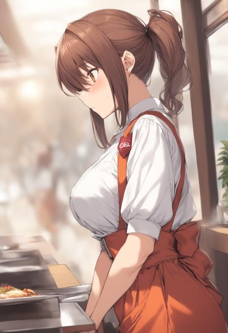 1girl, <lora:sdxl2-flat2-512b:-1>,medium breasts,solo,<lora:annamillerXLv2:0.8>,anna miller ,waitress,name tag,high-waist skirt,suspender skirt, apron,from side, upper body, looking ahead, bored,  closed mouth,restaurant,best quality,medium quality,