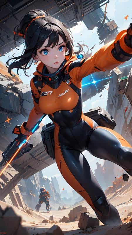 (masterpiece, best quality:1.2), 1girl, solo, black hair, blue eyes, vey tight orange space suit, concentrated look, look at the view, front body, excavating machines, deep tunnel, destroyed land, (cast iron falling:1.1), (laser terrain:1.2), <lora:detail_slider_v4:1.4>