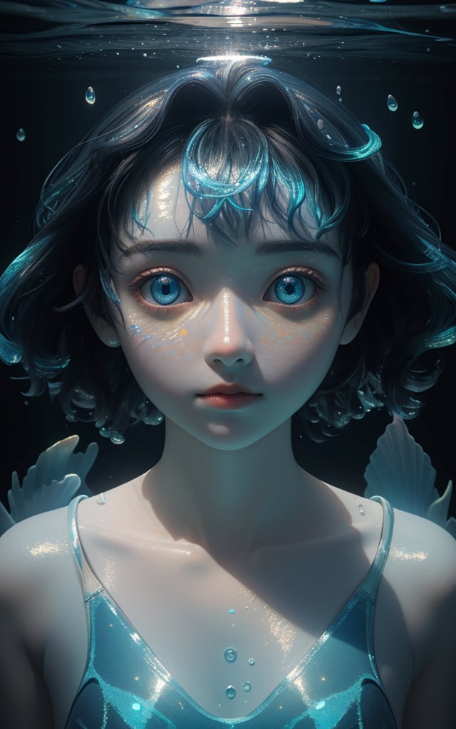 3D,girl swims underwater,hyper detailed render style,glow,yellow,blue,brush,surreal oil painting,shiny eyes,head closeup,exaggerated perspective,tyndall effect,water drops,mother of pearl iridescence,holographic white,black background,