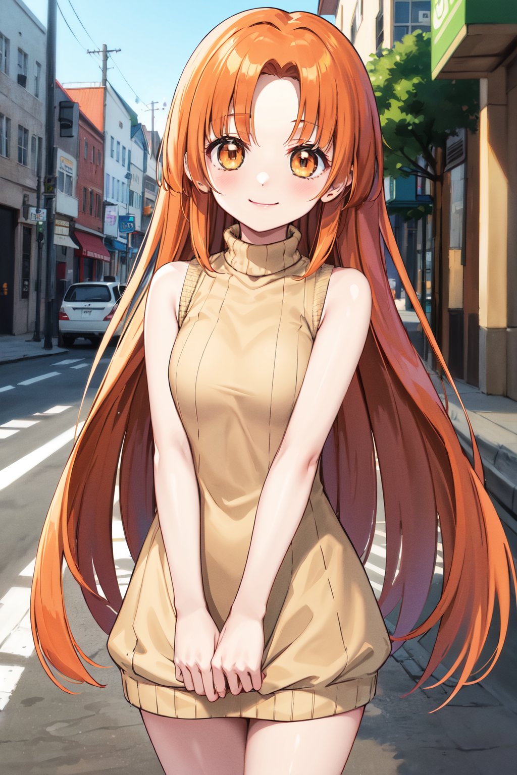 masterpiece, best quality, highres, 1girl, solo, long hair, orange hair, parted bangs, brown eyes, <lora:seira_v1:0.7>, sweater dress, sleeveless, turtleneck, street, smile, cowboy shot, v arms, 