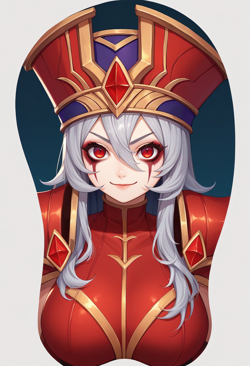 score_9, score_8_up, score_7_up, source_anime, mousepad \(medium\), upper body, cropped torso, simple background, solo, 1girl, sallywhitemane, evil smile, looking at viewer, red eyes, grey hair, long hair, mascara, hat, red leotard, shoulder armor, pauldrons, large breasts <lora:concept_mousepad_ponyXL:1.1> <lora:sallywhitemane-wc-richy-v1_pdxl:1>