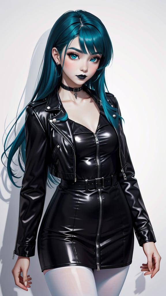 a girl with a leather jacket, inspired by rossdraws, gothic art, with long hair and piercing eyes, anime girl wearing a black dress, with teal clothes, (white skin), (thick black lipstick), (deep black eyes), lois van baarle, charlie bowater and artgem, glossy painting