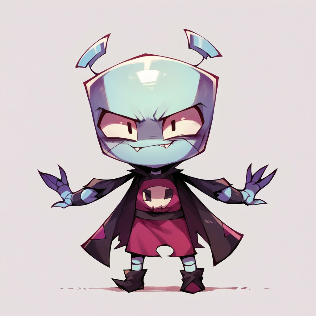 score_9, score_8_up, score_7_up, score_6_up,  <lora:z1mXLP:1> (z1m), (invader zim:0.8), solo, cel shading, cute robot, 1boy, bald, costume